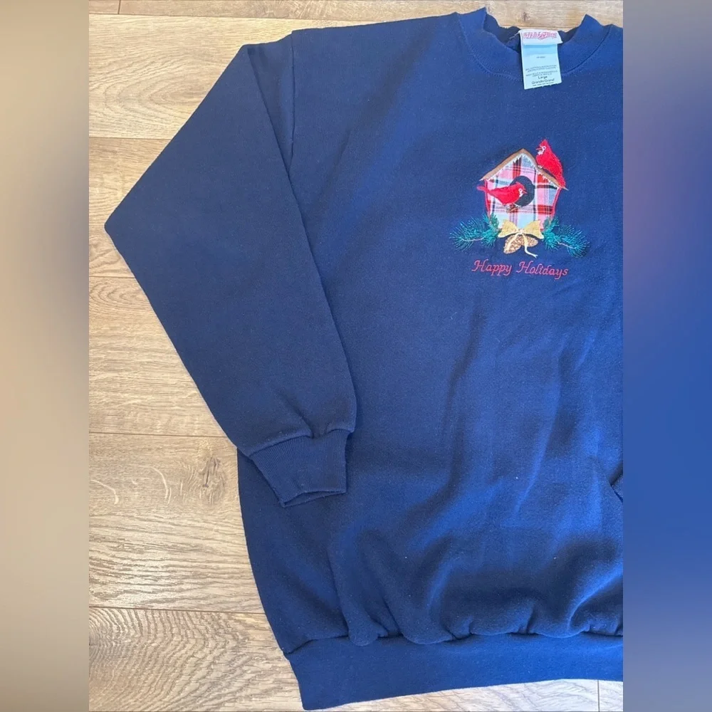 VTG 90s Red Cardinal Sweater Womens Large Navy Crewneck Sweatshirt Embroidery - Picture 5 of 6